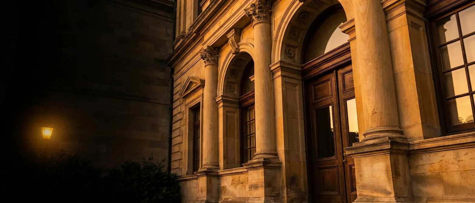 Fachada de columnas clásicas de un edificio institucional al atardecer, evocando la solidez y trayectoria del repositorio